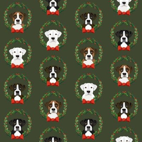 christmas boxer dog fabric - dog, dogs, wreath, noel, yule, red and green, holiday christmas fabric