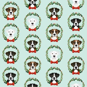 christmas boxer dog fabric - dog, dogs, wreath, noel, yule, red and green, holiday christmas fabric