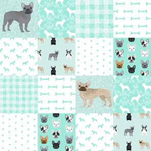 french bulldog aqua cheater quilt - dog, dogs, wholecloth, blanket, paws, dogs, bones, frenchies