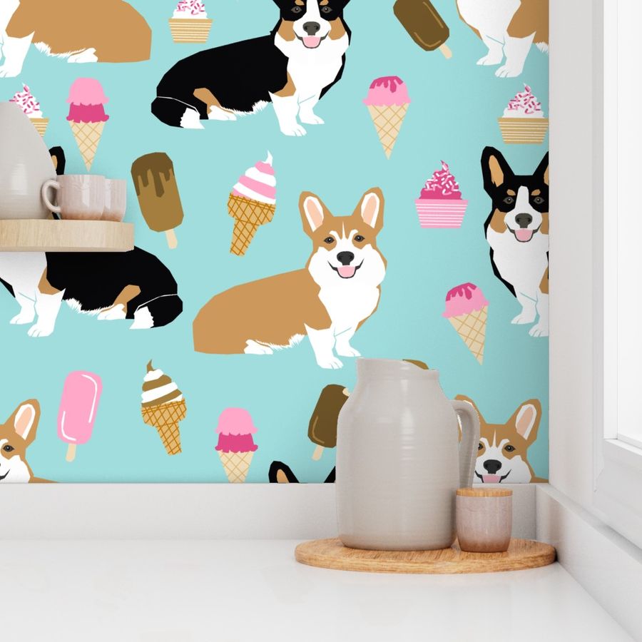 corgi ice cream fabric - dog, dogs,  ice creams, corgi, tri corgis