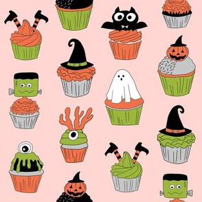 halloween cupcakes fabric // cupcakes, food, sweets, cute, halloween, ghost, witch, frankenstein - peach