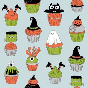 halloween cupcakes fabric // cupcakes, food, sweets, cute, halloween, ghost, witch, frankenstein - blue