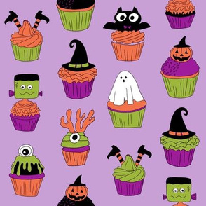 halloween cupcakes fabric // cupcakes, food, sweets, cute, halloween, ghost, witch, frankenstein - purple