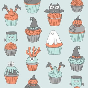 halloween cupcakes fabric // cupcakes, food, sweets, cute, halloween, ghost, witch, frankenstein - light