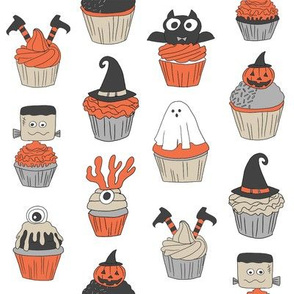 halloween cupcakes fabric // cupcakes, food, sweets, cute, halloween, ghost, witch, frankenstein - white
