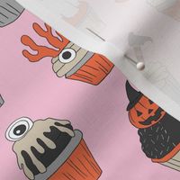 halloween cupcakes fabric // cupcakes, food, sweets, cute, halloween, ghost, witch, frankenstein - pink