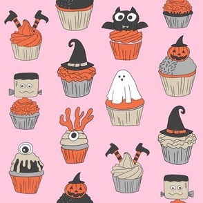 halloween cupcakes fabric // cupcakes, food, sweets, cute, halloween, ghost, witch, frankenstein - pink