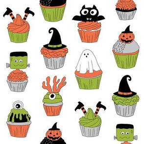 halloween cupcakes fabric // cupcakes, food, sweets, cute, halloween, ghost, witch, frankenstein - white and lime