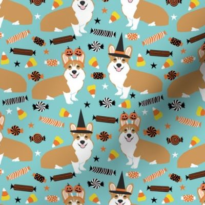 corgi halloween candy fabric - corgi, corgis, dog, dogs, candy corn, orange and black - blue