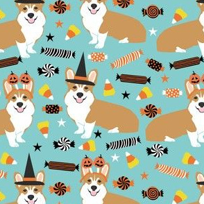 corgi halloween candy fabric - corgi, corgis, dog, dogs, candy corn, orange and black - blue