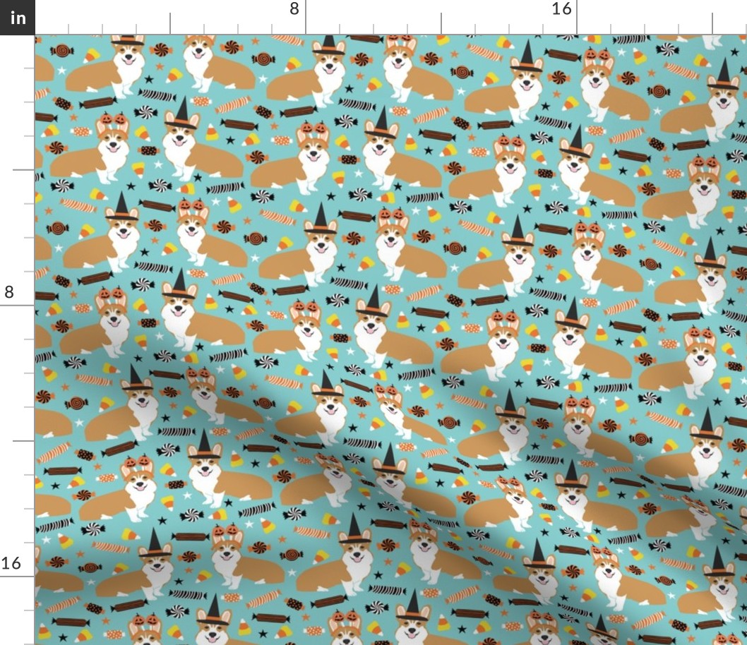 corgi halloween candy fabric - corgi, corgis, dog, dogs, candy corn, orange and black - blue