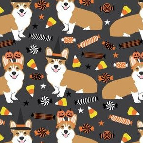 corgi halloween candy fabric - corgi, corgis, dog, dogs, candy corn, orange and black - charcoal