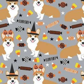 corgi halloween candy fabric - corgi, corgis, dog, dogs, candy corn, orange and black - grey