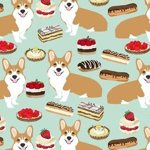 corgi bakery fabric - patisserie, food, cake, cakes, cupcakes, corgi, corgis, cute dog - mint