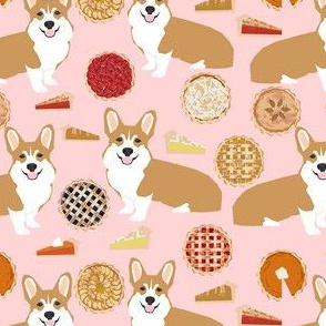 corgi pies fabric - pumpkin pie, cherry pie, bakery, baker, food, cooking, fall, autumn, corgi dog - pink