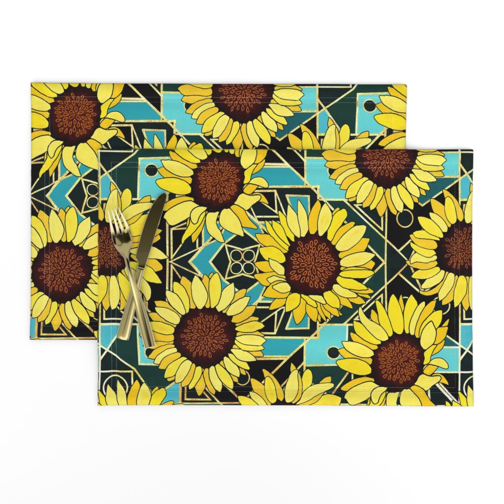  Sunflowers & Art Deco Gold & Teal Background  - Big