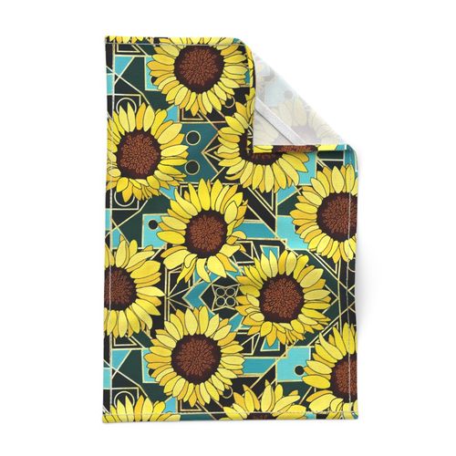  Sunflowers & Art Deco Gold & Teal Background  - Big