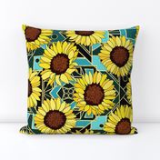  Sunflowers & Art Deco Gold & Teal Background  - Big