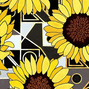 Sunflowers & Art Deco Gold, Black & White Background - Big