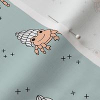 Adorable kawaii under water world lobster crab and shell illustration pattern boys dusty blue