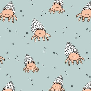 Adorable kawaii under water world lobster crab and shell illustration pattern boys dusty blue