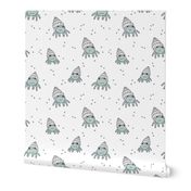 Adorable kawaii under water world lobster crab and shell illustration pattern boys blue