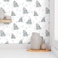 Adorable kawaii under water world lobster crab and shell illustration pattern boys blue