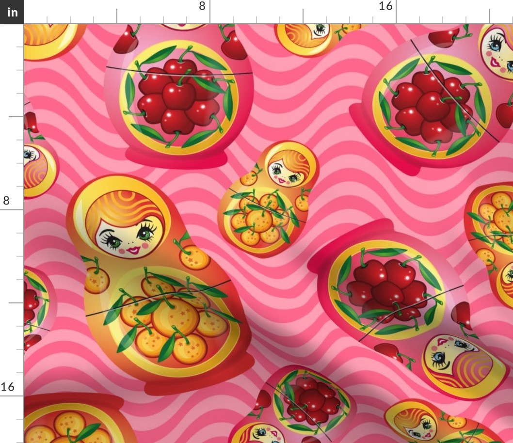 Pink Russian Dolls Pattern with Cherries