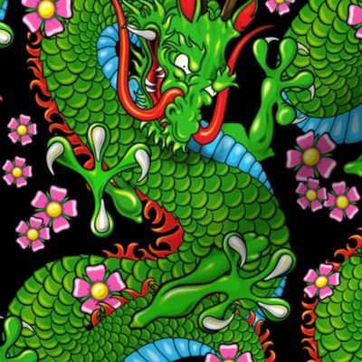 Green Tattoo Dragon with Cherry Blossoms