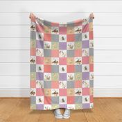 Forest Animals Patchwork Cheater Quilt - Baby Girl Blanket, Bear Owl Squirrel Deer - Peach Coral Lavender + Gray - EMILY pattern A3