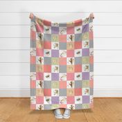 Forest Animals Patchwork Cheater Quilt ROTATED - Baby Girl Blanket, Bear Owl Squirrel Deer - Peach Coral Lavender + Gray - EMILY pattern A3