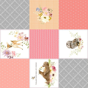 Forest Animals Patchwork Cheater Quilt ROTATED - Baby Girl Blanket, Bear Owl Squirrel Deer - Peach Coral Lavender + Gray - EMILY pattern A3