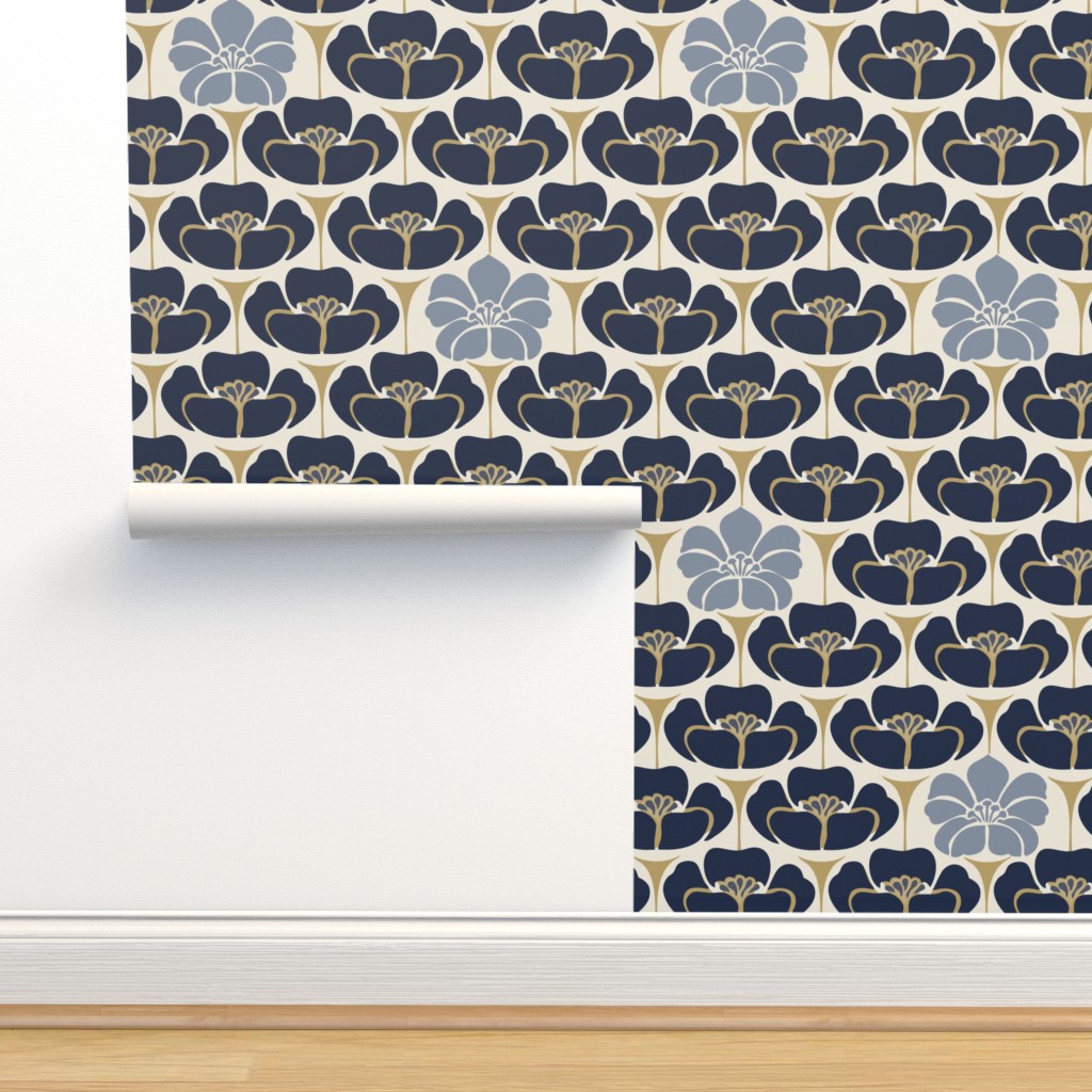 Floral- Blue, Cream Wallpaper | Spoonflower
