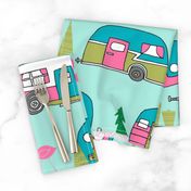 LARGE vintage camper// mint and pink vintage campervan fabric cute retro flamingo pattern print andrea lauren design