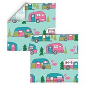 LARGE vintage camper// mint and pink vintage campervan fabric cute retro flamingo pattern print andrea lauren design