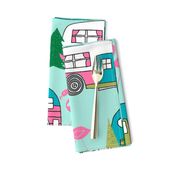 LARGE vintage camper// mint and pink vintage campervan fabric cute retro flamingo pattern print andrea lauren design