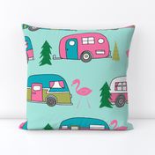 LARGE vintage camper// mint and pink vintage campervan fabric cute retro flamingo pattern print andrea lauren design