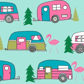 LARGE vintage camper// mint and pink vintage campervan fabric cute retro flamingo pattern print andrea lauren design