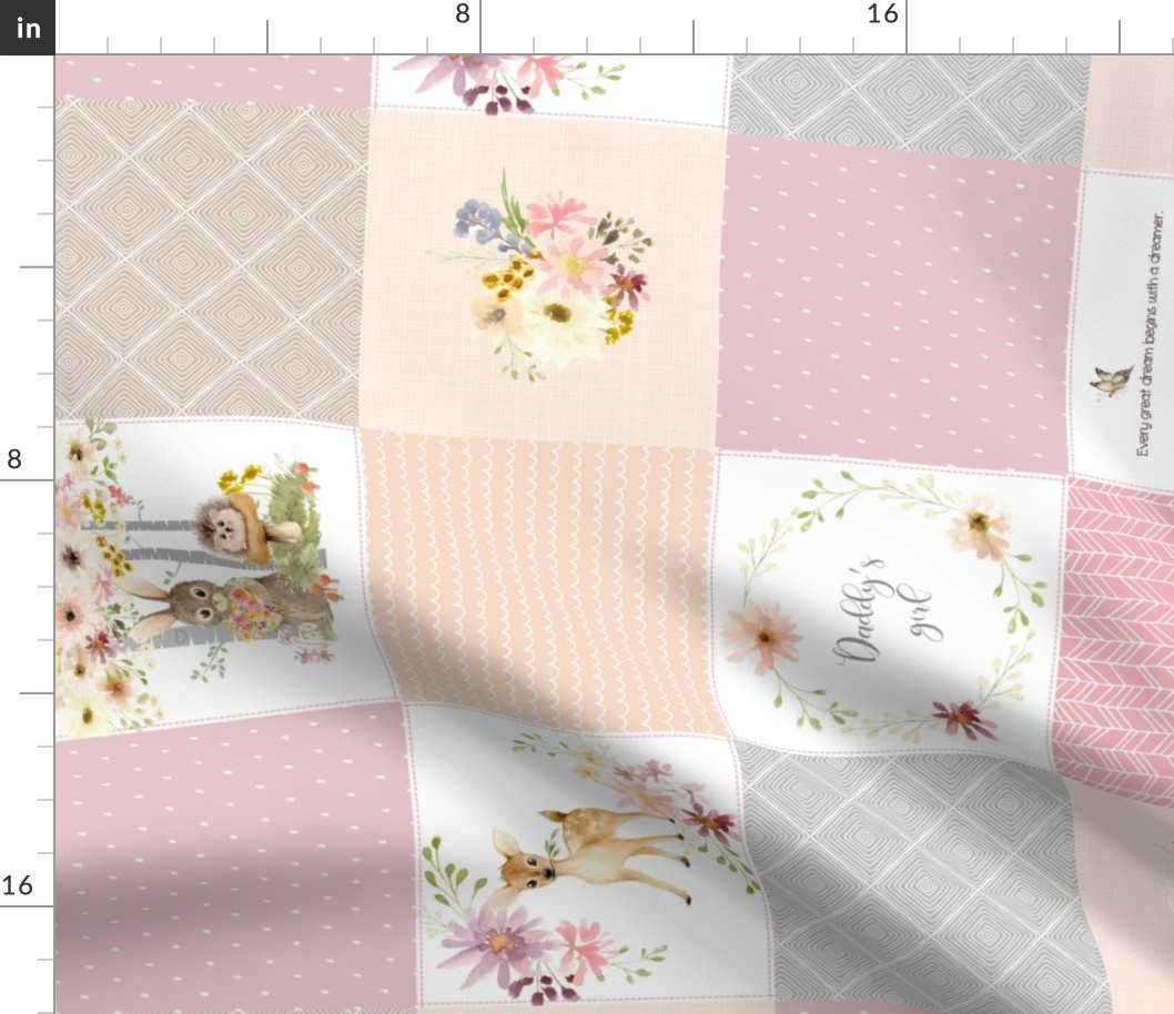 Daddy's Girl Nursery Quilt Panel ROTATED - Woodland Animals Baby Girl Blanket, Bear Bunny Deer - Pastel Pink Blush + Gray - MIA Pattern D2