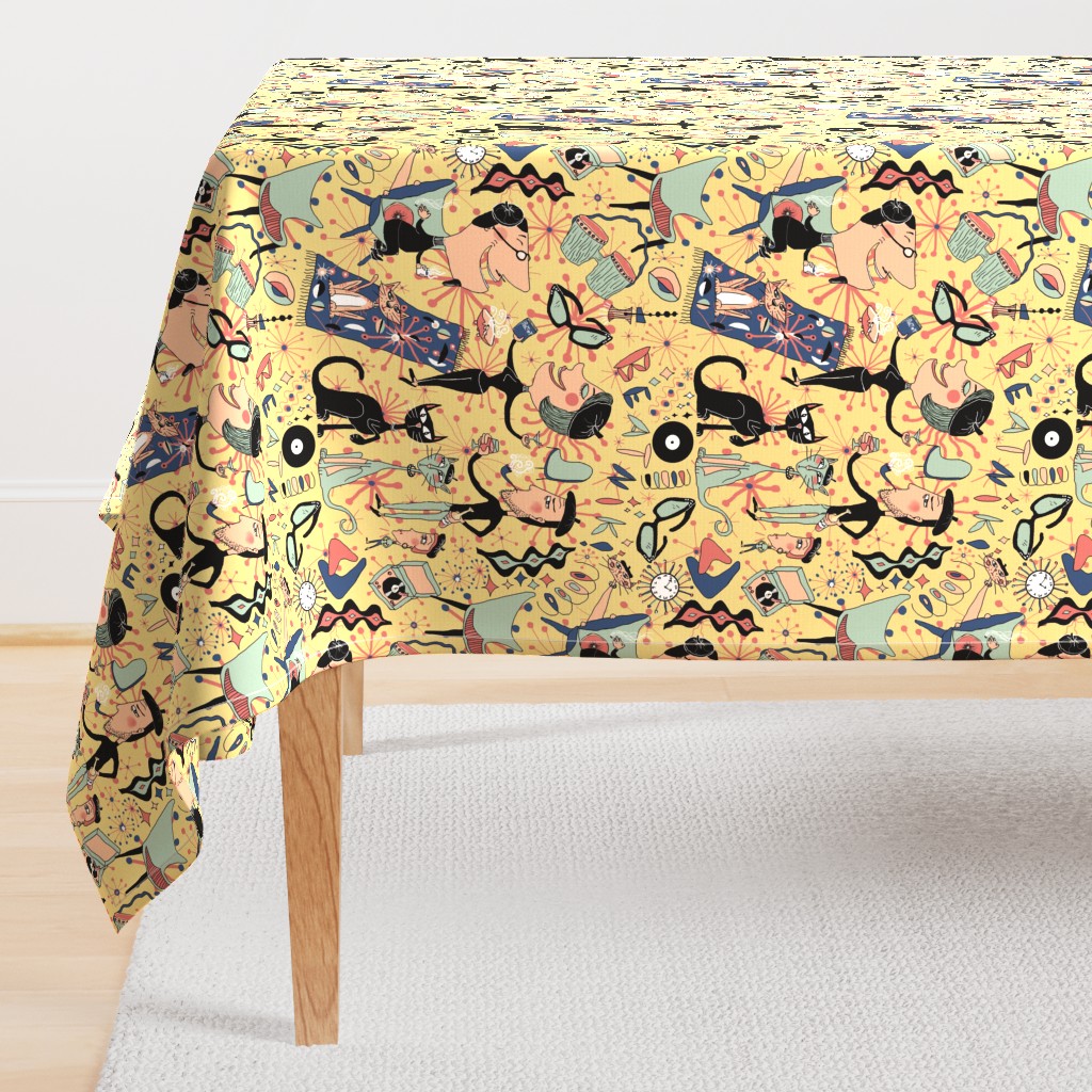 1950s beatnik style, large scale, yellow mint green blue peach