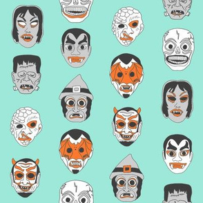 halloween masks // halloween black and orange, scary, spooky, - bright mint