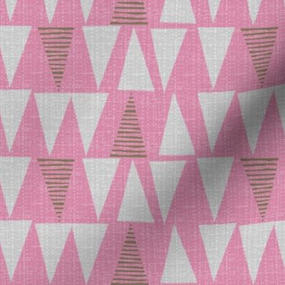 pink triangles-small scale-fanciful fifties flowers coordinate bark cloth