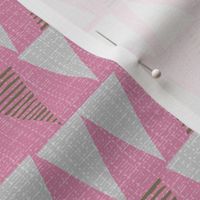 pink triangles-small scale-fanciful fifties flowers coordinate bark cloth
