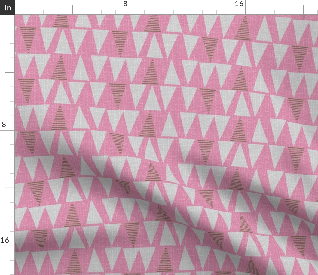 pink triangles-small scale-fanciful fifties flowers coordinate bark cloth