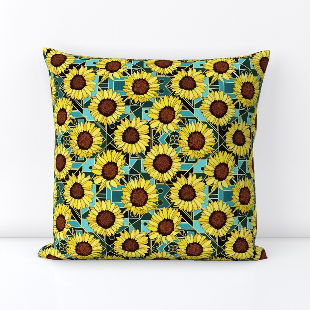 Sunflowers & Art Deco Gold & Teal Background  - Small