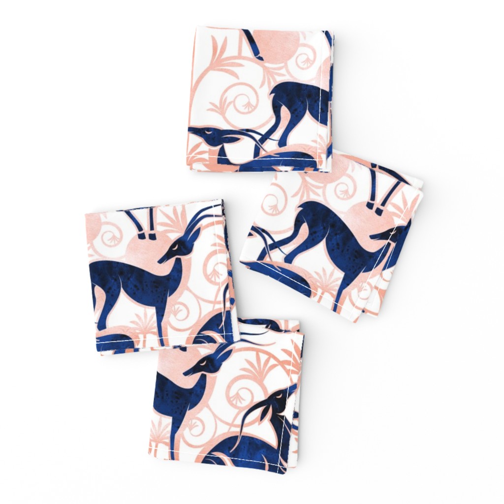 Normal scale // Deco Gazelles Garden // white background navy animals and rose metal textured decorative elements