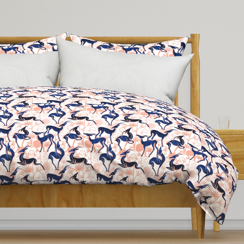 Normal scale // Deco Gazelles Garden // white background navy animals and rose metal textured decorative elements