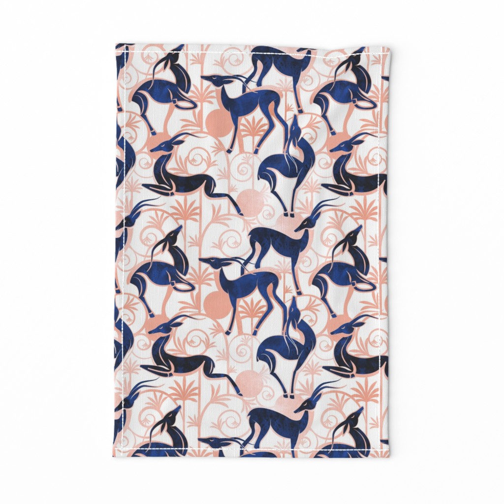 Normal scale // Deco Gazelles Garden // white background navy animals and rose metal textured decorative elements