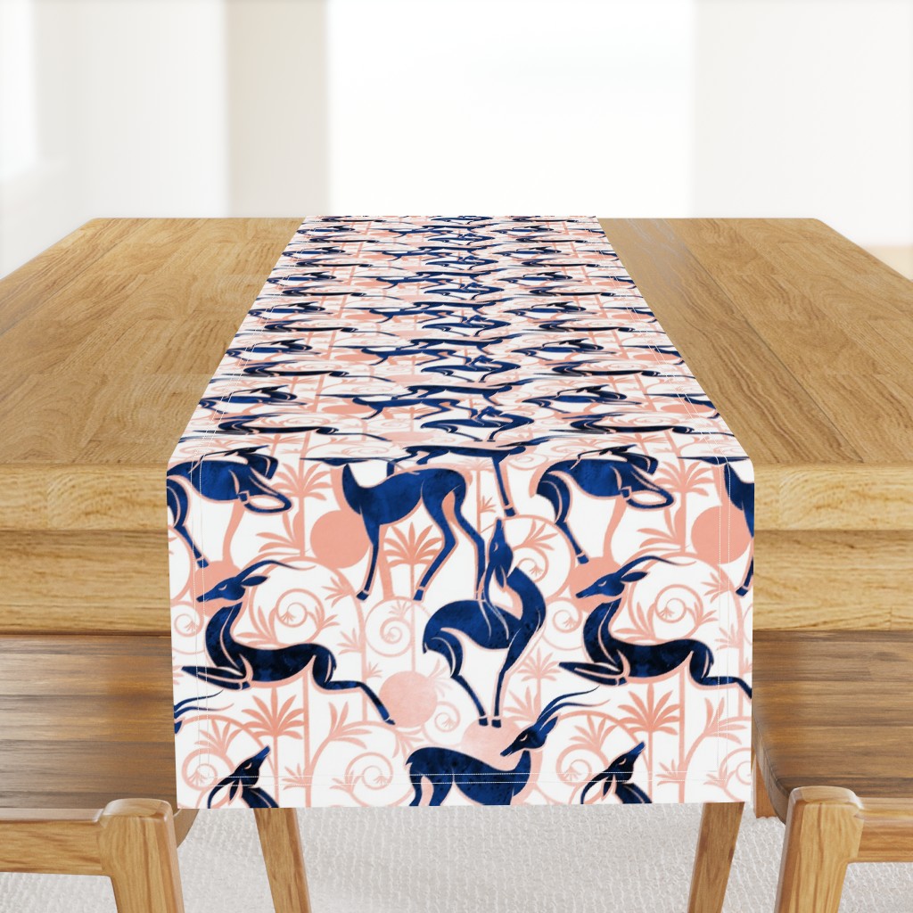 Normal scale // Deco Gazelles Garden // white background navy animals and rose metal textured decorative elements