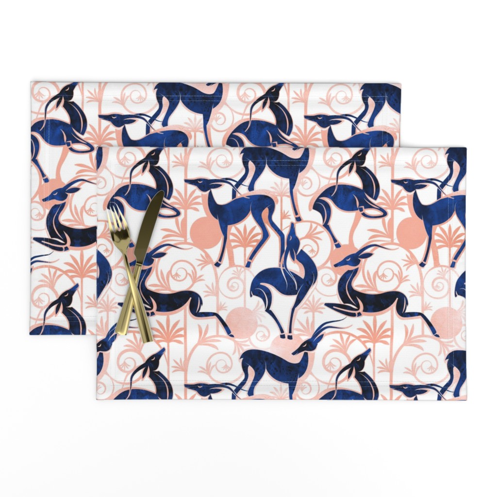 Normal scale // Deco Gazelles Garden // white background navy animals and rose metal textured decorative elements